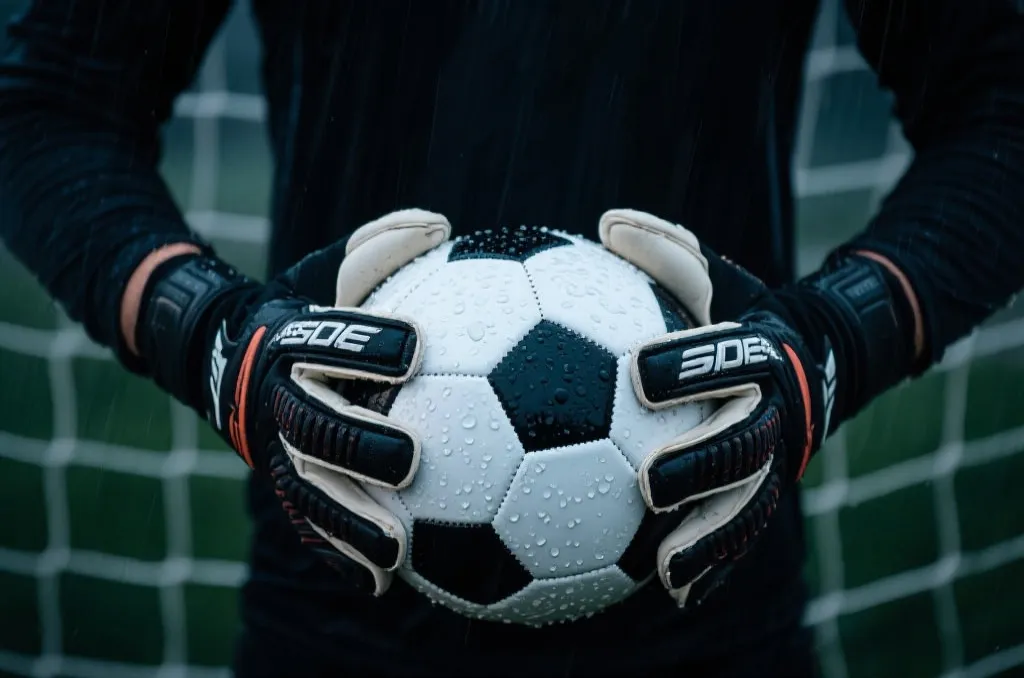 门将双手紧握足球，眼神中透露出坚毅与专注